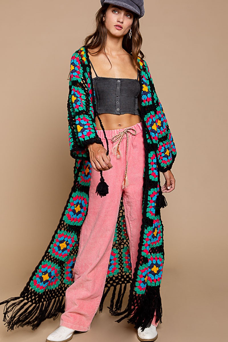 POL Hand Knit Crochet Fringe Maxi Length Cardigan Top