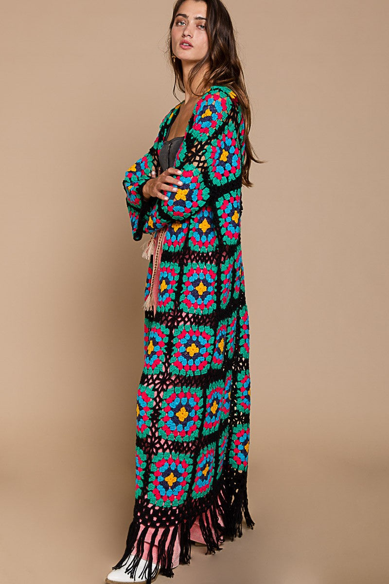 POL Hand Knit Crochet Fringe Maxi Length Cardigan Top