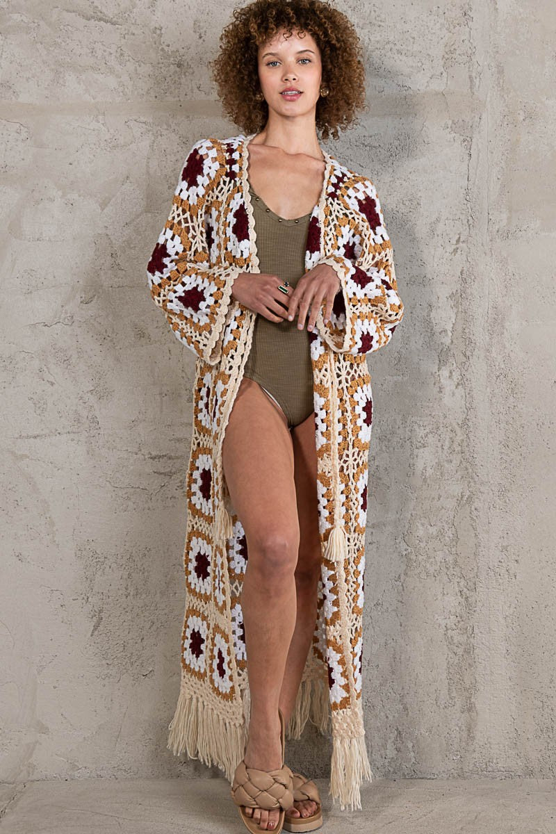 POL Hand Knit Crochet Fringe Maxi Length Cardigan Top