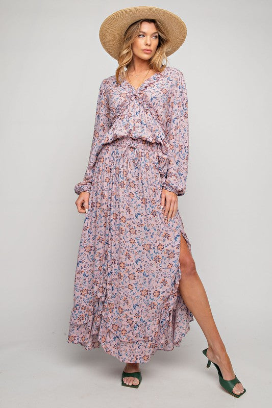 Easel Lavender Floral Print Ruffled Side Slit Maxi Skirt - Roulhac Fashion Boutique