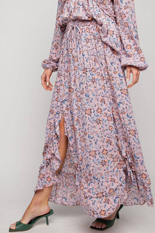 Easel Lavender Floral Print Ruffled Side Slit Maxi Skirt - Roulhac Fashion Boutique
