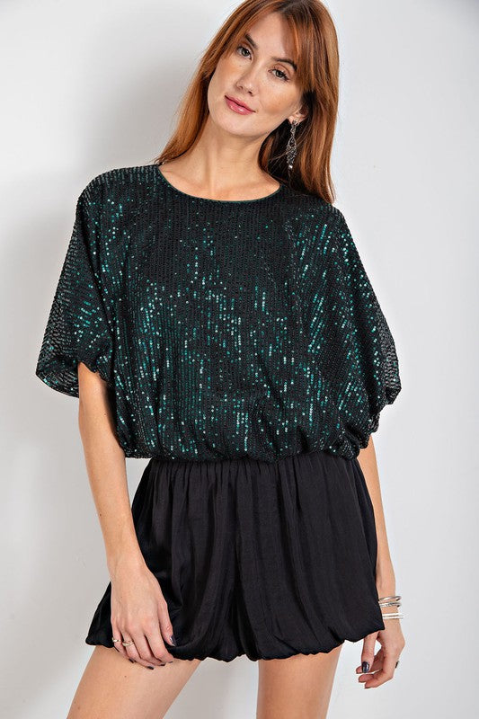 Easel Plus Size Hunter Green Sequined Dolman Sleeve Top - Roulhac Fashion Boutique