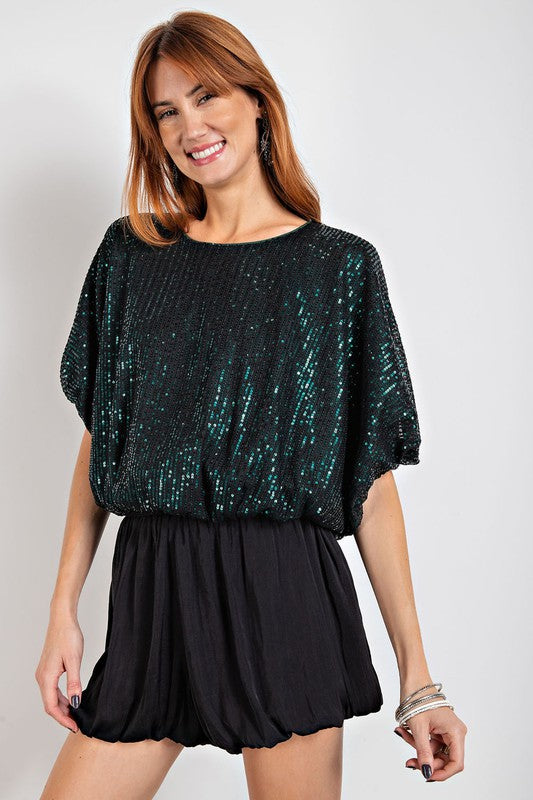 Easel Plus Size Hunter Green Sequined Dolman Sleeve Top - Roulhac Fashion Boutique