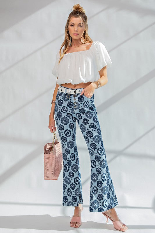 Easel Washed Denim Spanish Tile Bell Bottom Jeans - Roulhac Fashion Boutique