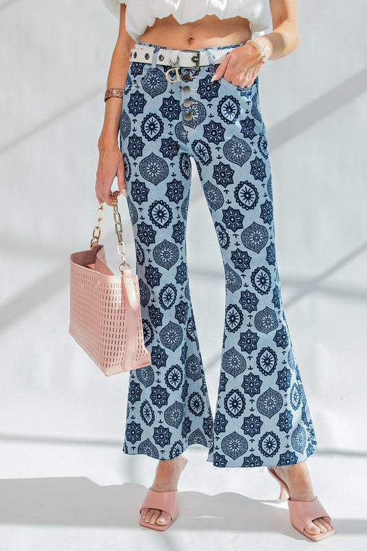Easel Washed Denim Spanish Tile Bell Bottom Jeans - Roulhac Fashion Boutique