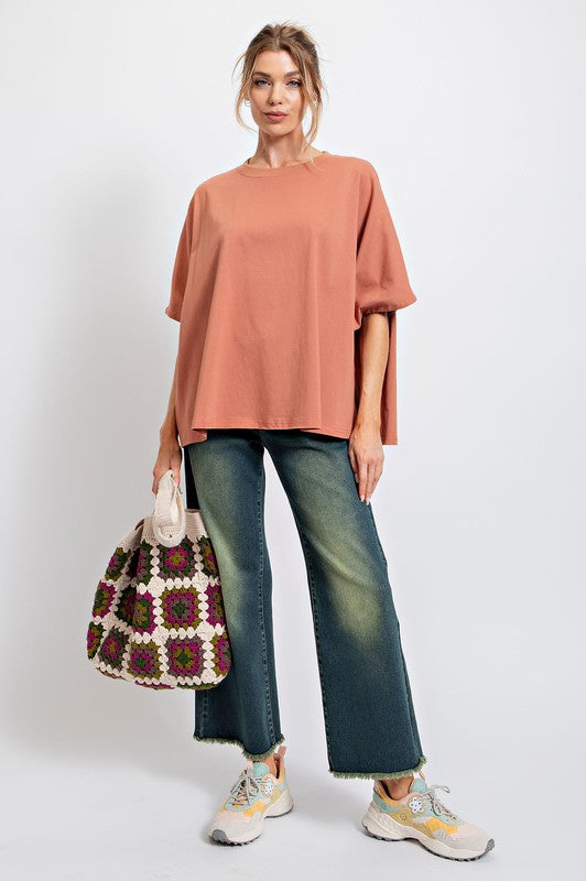 Easel Wooden Terry Knit Oversized Boxy Cotton Top - Roulhac Fashion Boutique