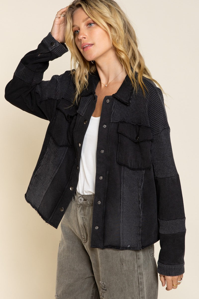POL Oversize Contrast Panels Snap Button Shacket Top
