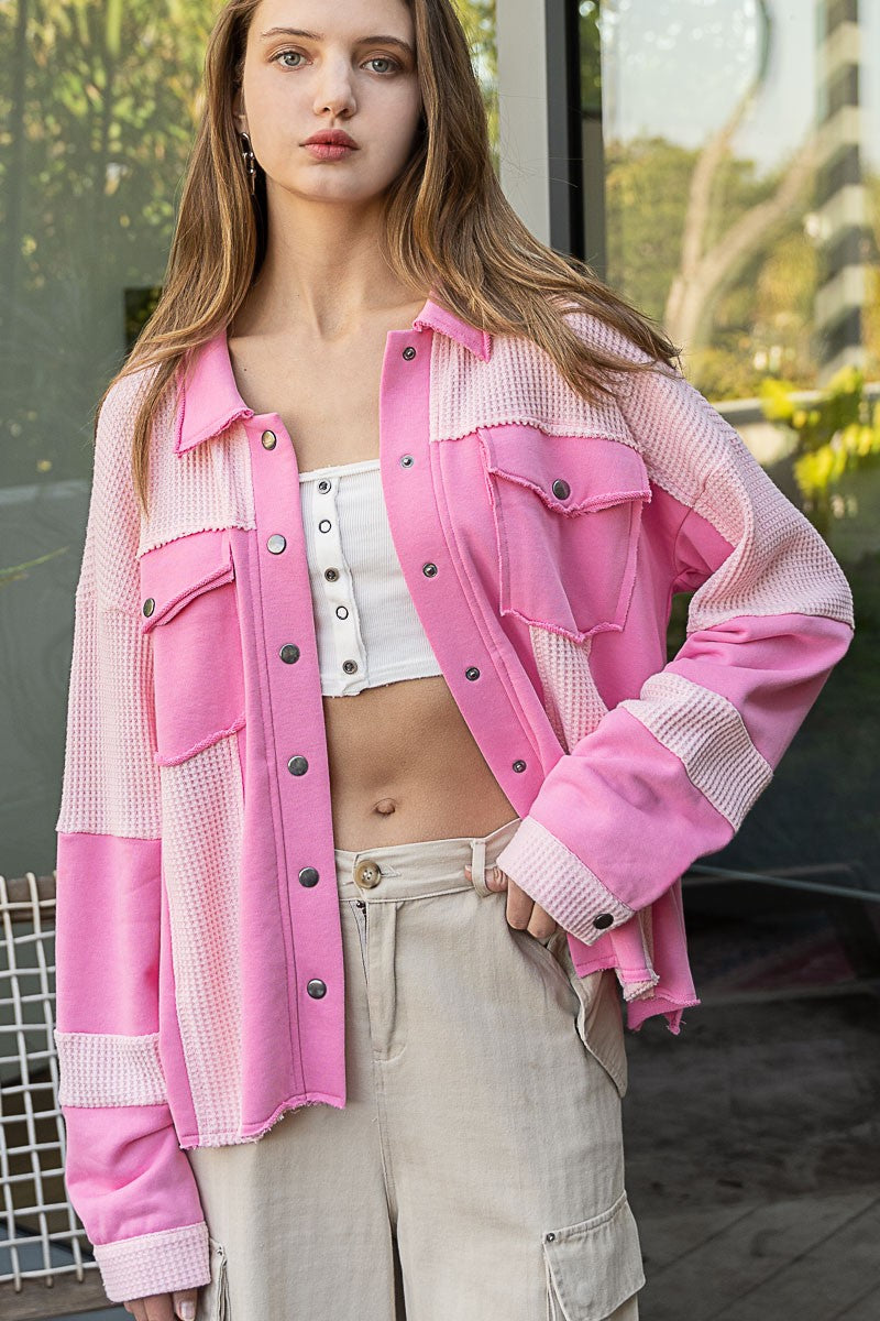 POL Oversize Contrast Panels Snap Button Shacket Top