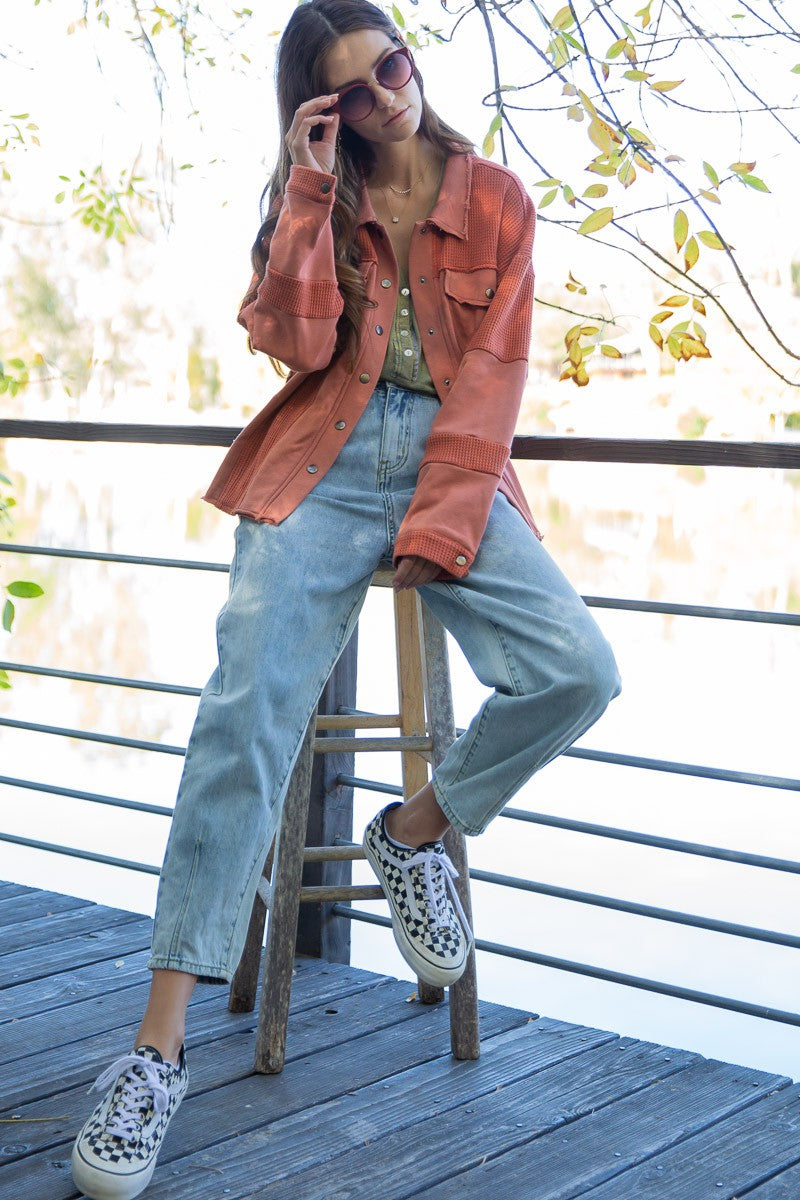 POL Oversize Contrast Panels Snap Button Shacket Top