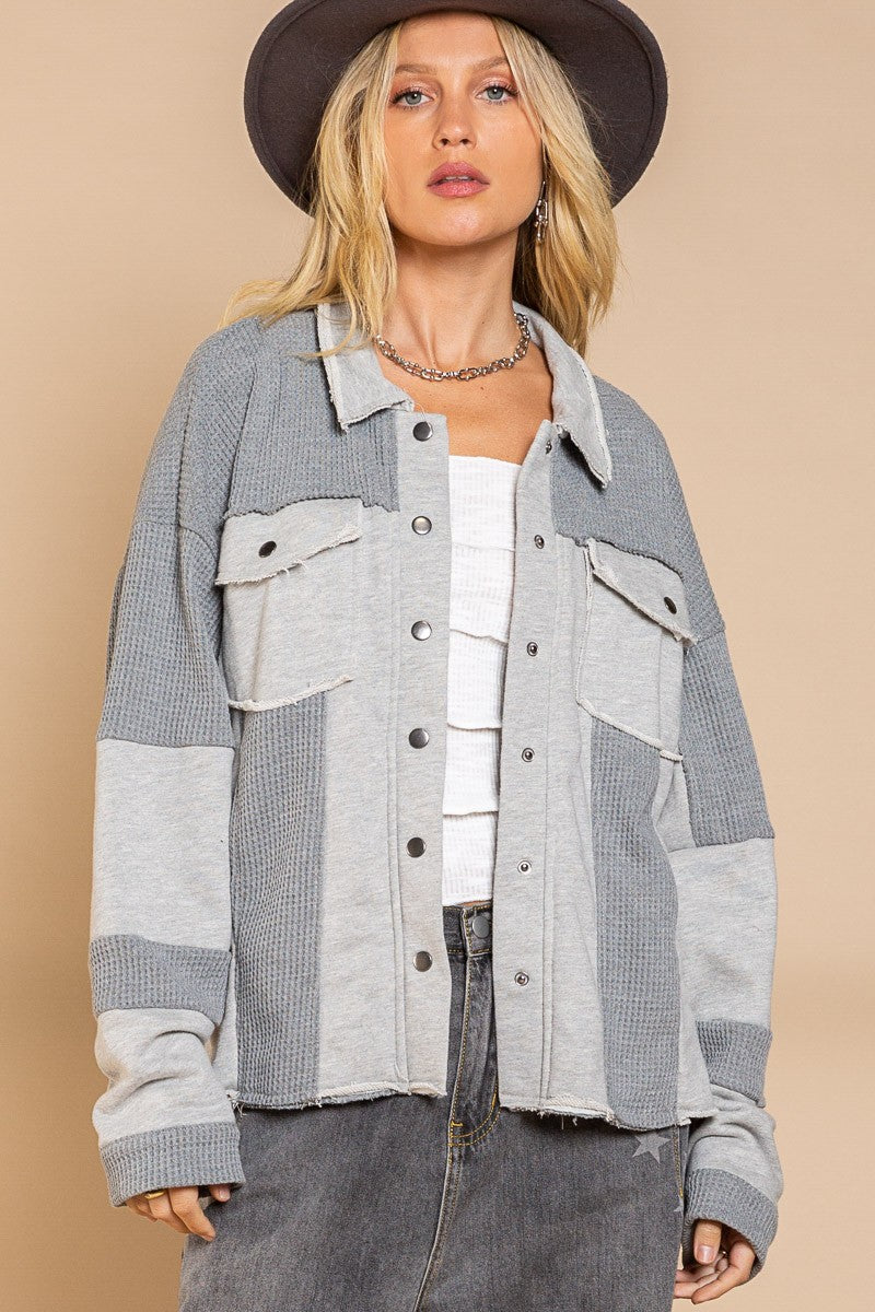 POL Oversize Contrast Panels Snap Button Shacket Top