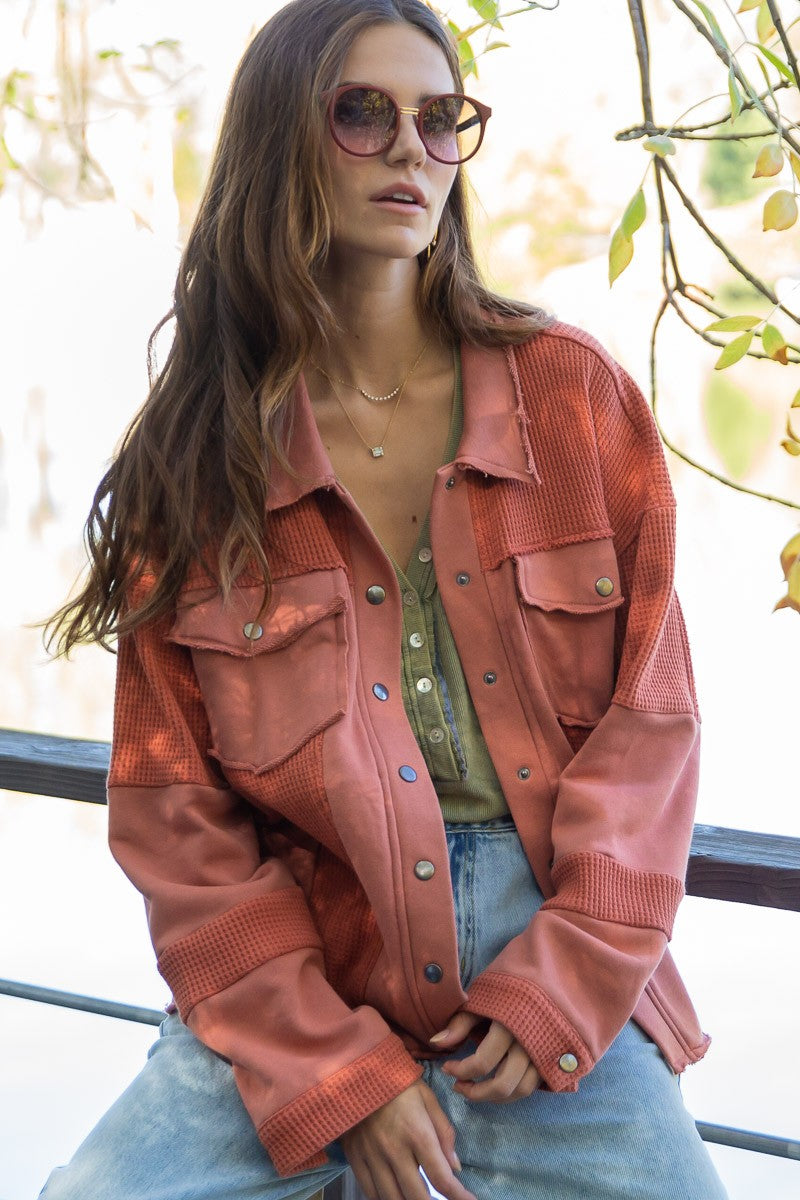 POL Oversize Contrast Panels Snap Button Shacket Top