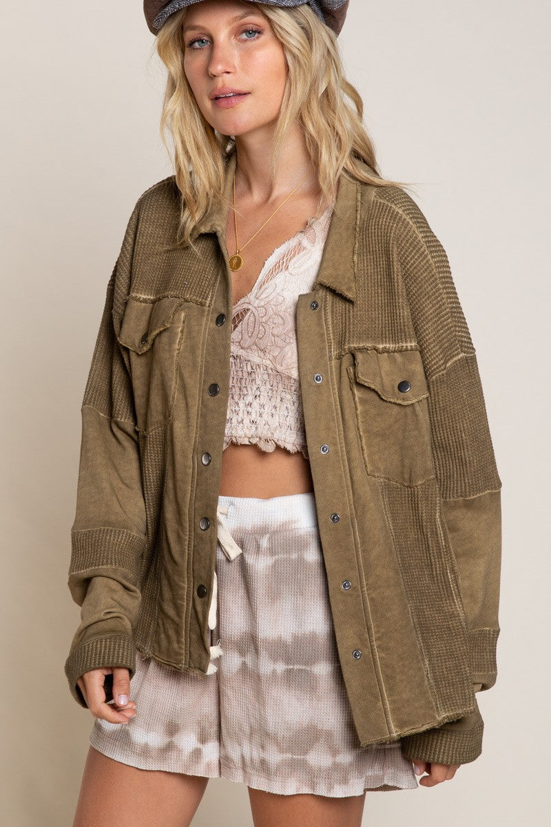 POL Oversize Contrast Panels Snap Button Shacket Top