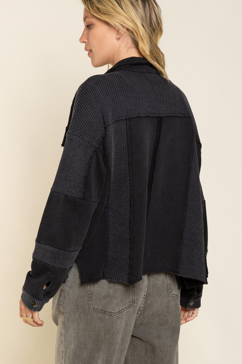 POL Oversize Contrast Panels Snap Button Shacket Top
