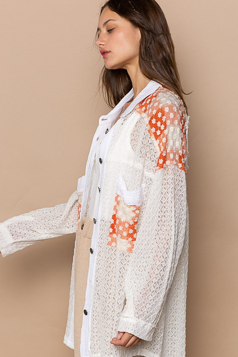 POL Oversize Sheer Lace Contrast Button Down Shirt Top