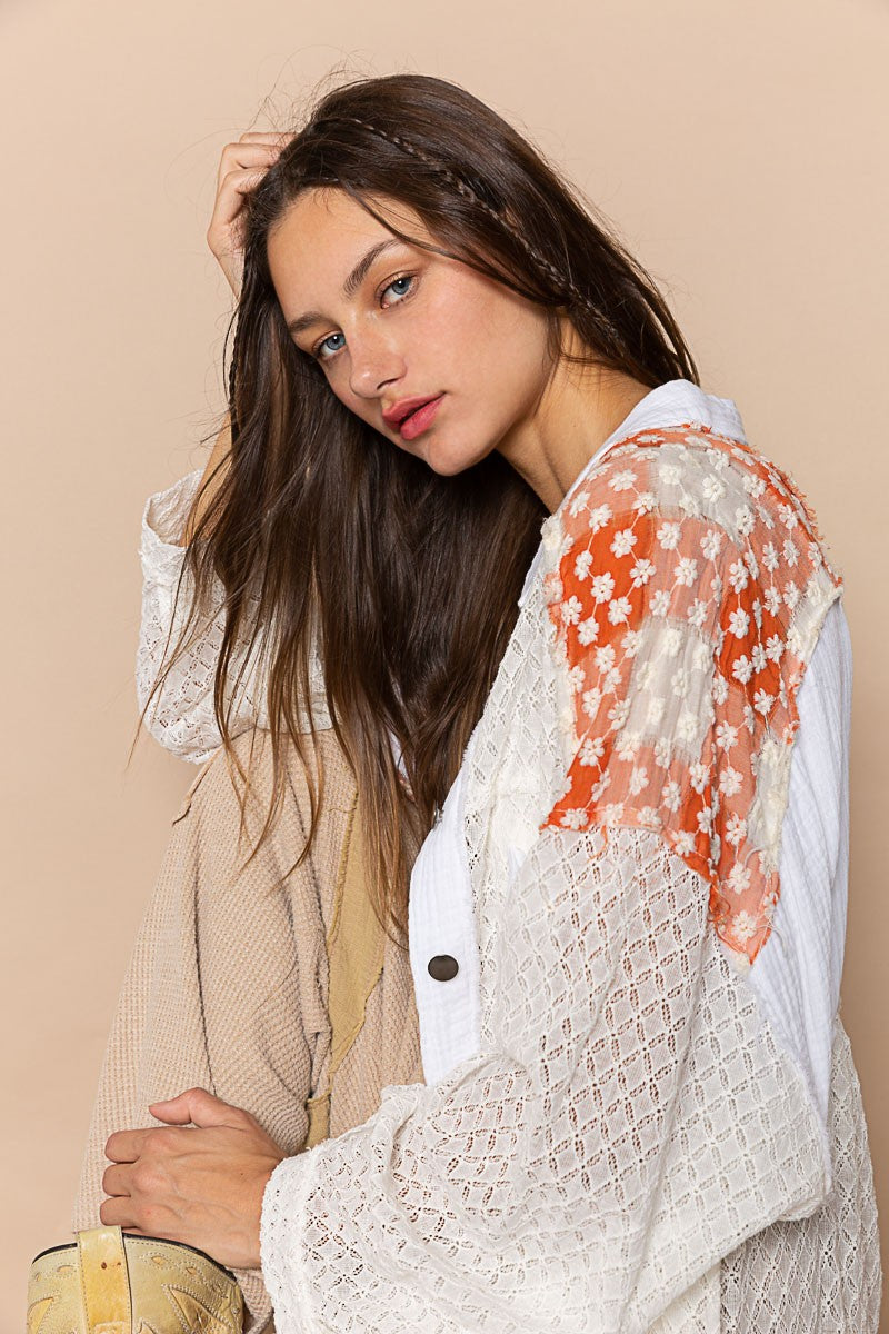 POL Oversize Sheer Lace Contrast Button Down Shirt Top