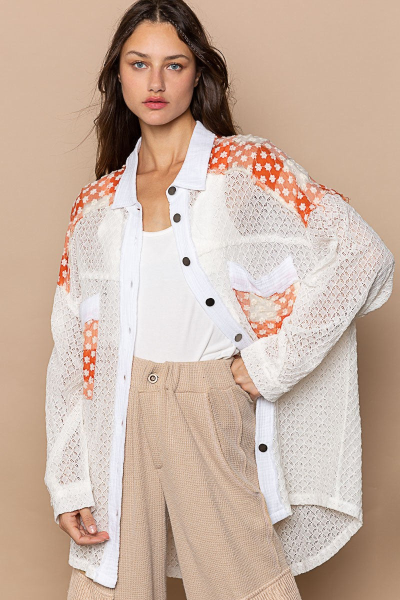 POL Oversize Sheer Lace Contrast Button Down Shirt Top