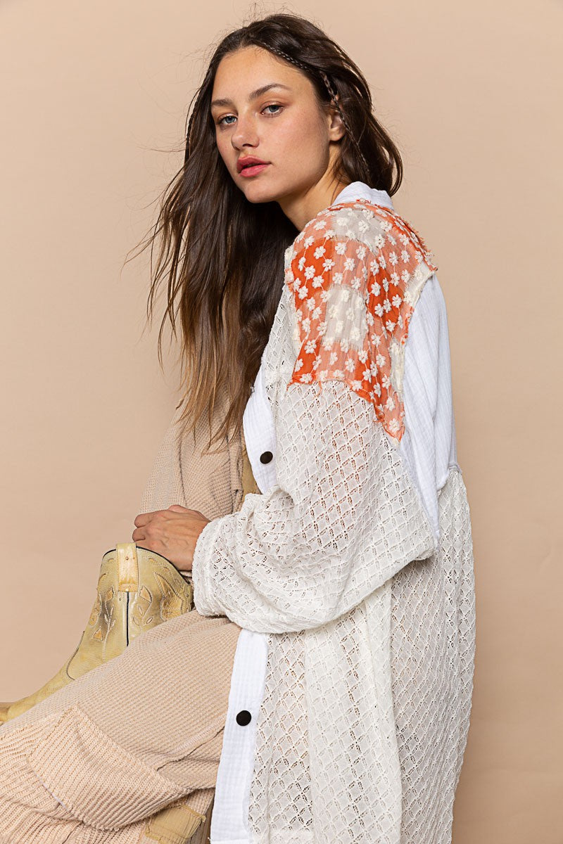 POL Oversize Sheer Lace Contrast Button Down Shirt Top