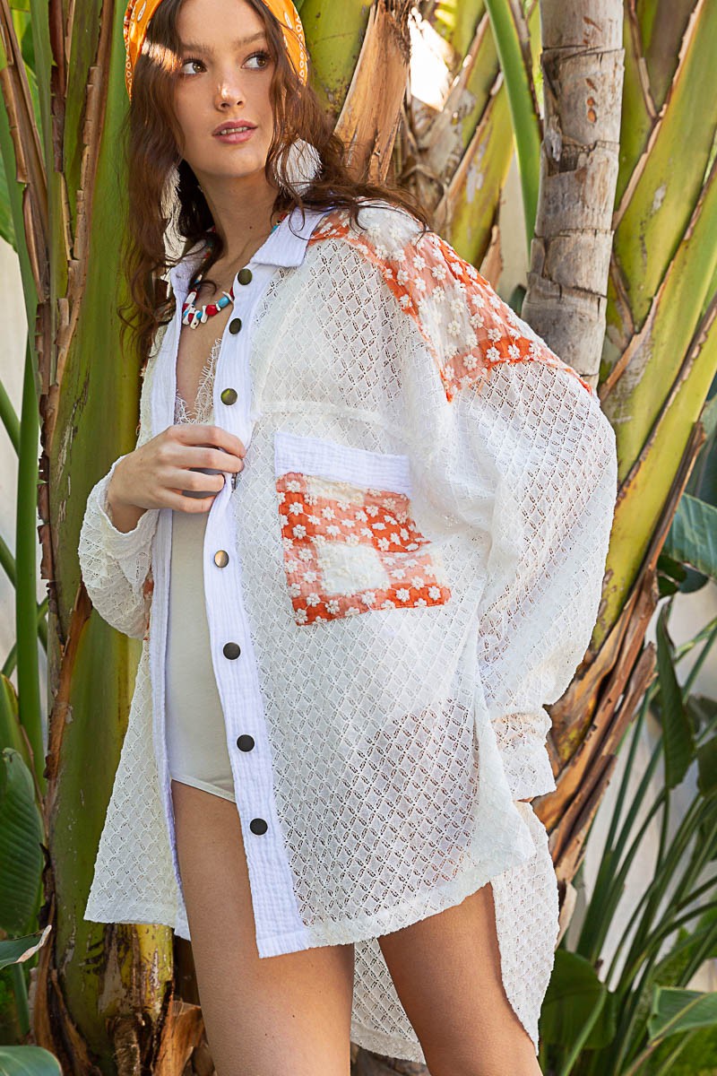 POL Oversize Sheer Lace Contrast Button Down Shirt Top