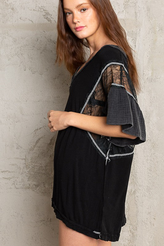 POL Relaxed Fit Ruffle Lace Short Sleeve V-Neck Top