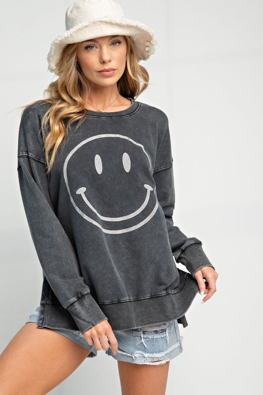 Easel Smiley Face Mineral Washed Cotton Top - Roulhac Fashion Boutique