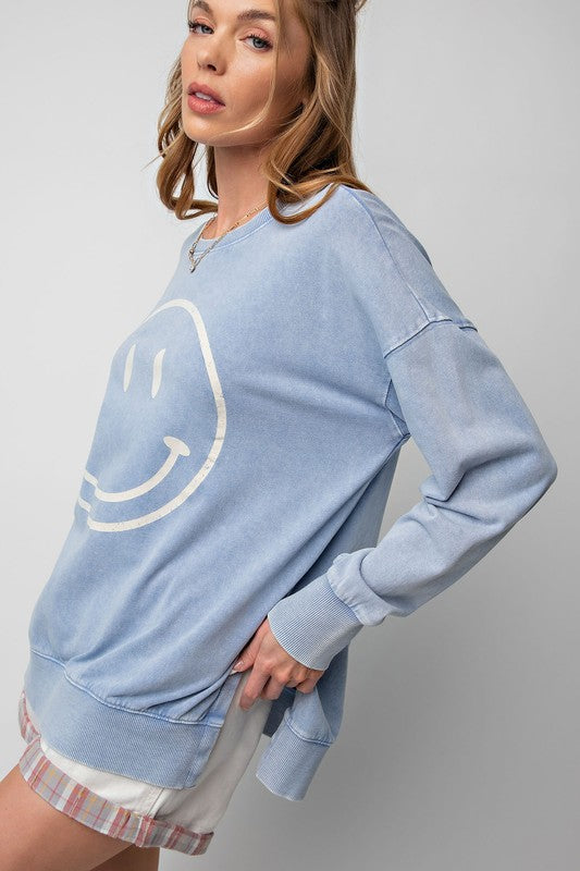 Easel Smiley Face Mineral Washed Cotton Top - Roulhac Fashion Boutique