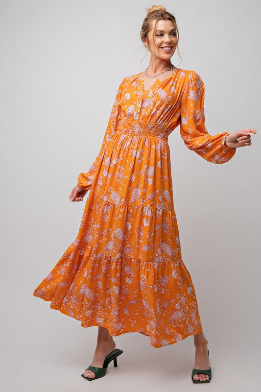 Easel Orange Paisley Floral Print Long Sleeve Maxi Dress - Roulhac Fashion Boutique