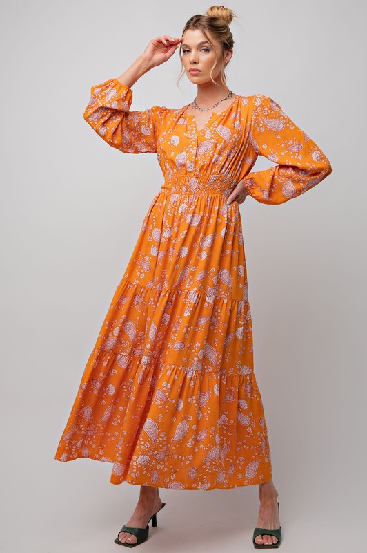 Easel Orange Paisley Floral Print Long Sleeve Maxi Dress - Roulhac Fashion Boutique