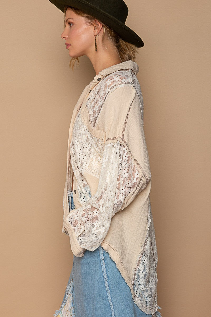 POL Floral Oversize Lace Detail Button Down Shirt Top