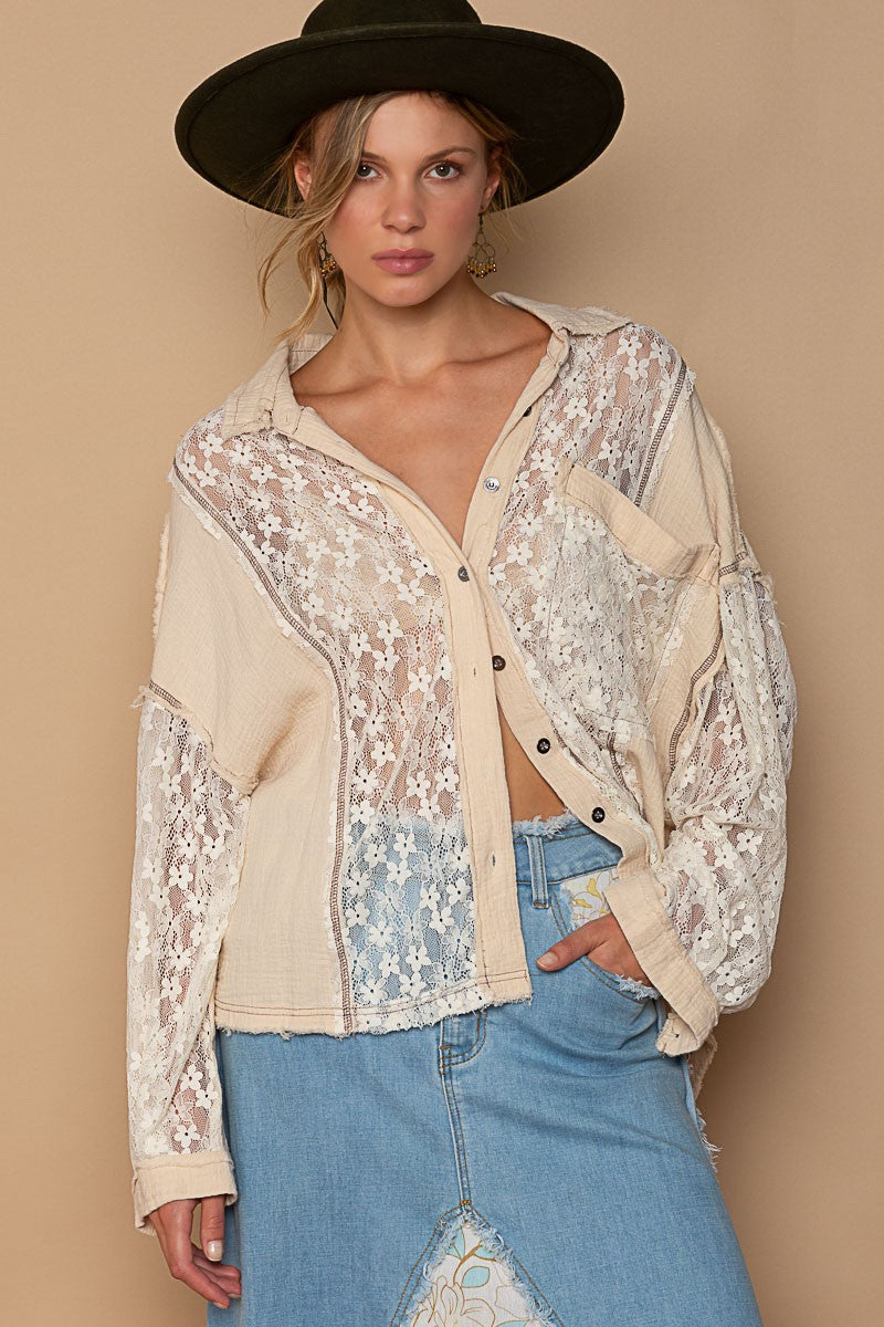 POL Floral Oversize Lace Detail Button Down Shirt Top