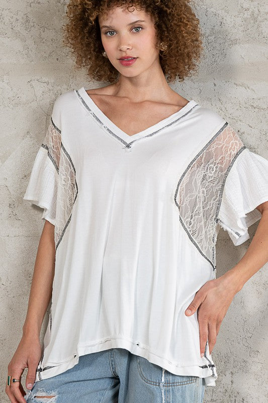 POL Relaxed Fit Ruffle Lace Short Sleeve V-Neck Top - Roulhac Fashion Boutique