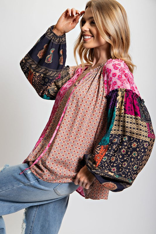 Easel Plus Size Vintage Inspired Boho Puff Sleeve Top - Roulhac Fashion Boutique