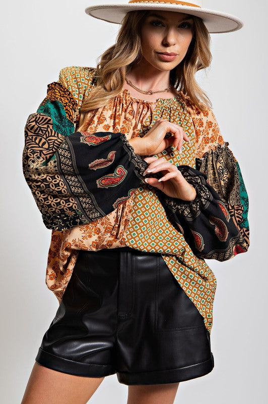 Easel Plus Size Vintage Inspired Boho Puff Sleeve Top