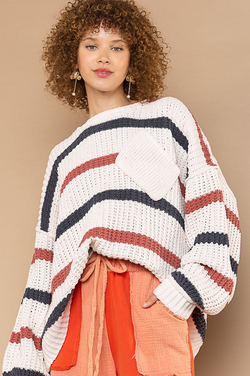 POL Contrast Stripe Pattern Chenille Pullover Sweater Top