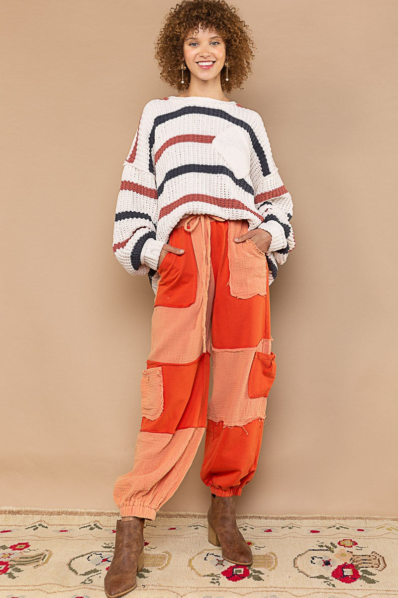 POL Contrast Stripe Pattern Chenille Pullover Sweater Top