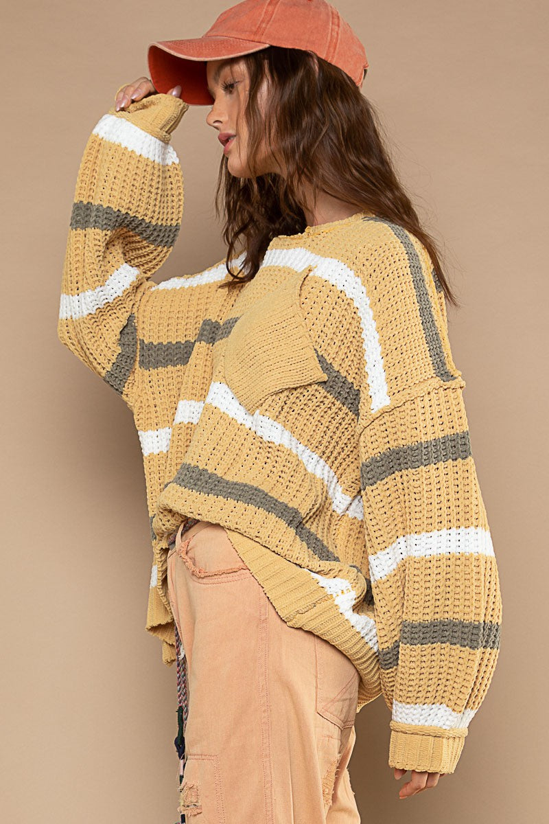 POL Contrast Stripe Pattern Chenille Pullover Sweater Top