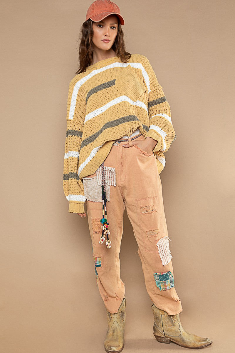 POL Contrast Stripe Pattern Chenille Pullover Sweater Top