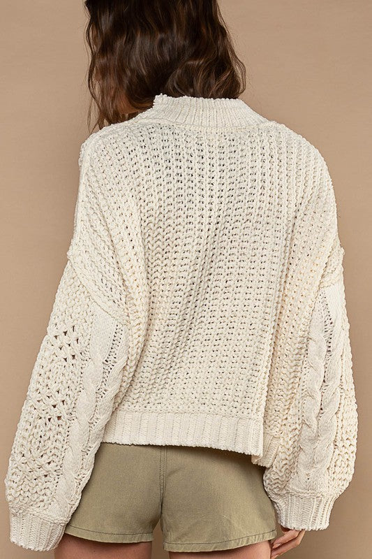 POL Mock Neck Balloon Sleeve Cable Knit Sweater - Roulhac Fashion Boutique