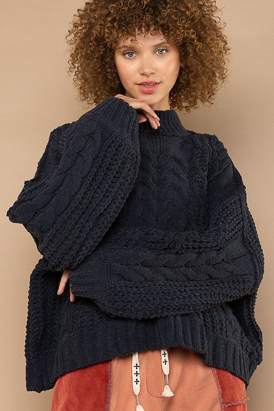 POL Mock Neck Balloon Sleeve Cable Knit Sweater - Roulhac Fashion Boutique