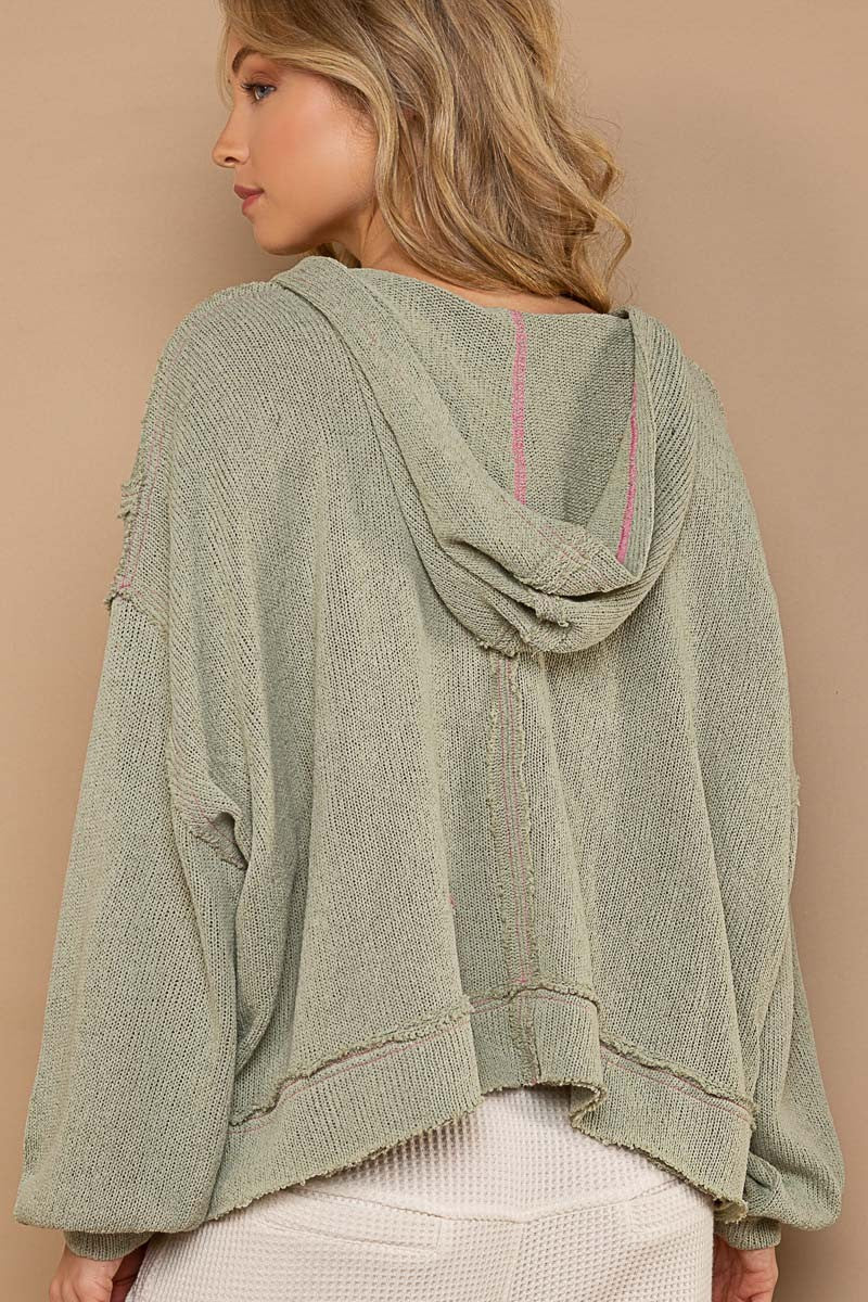 POL Round Neck Balloon Sleeve Hooded Knit Top