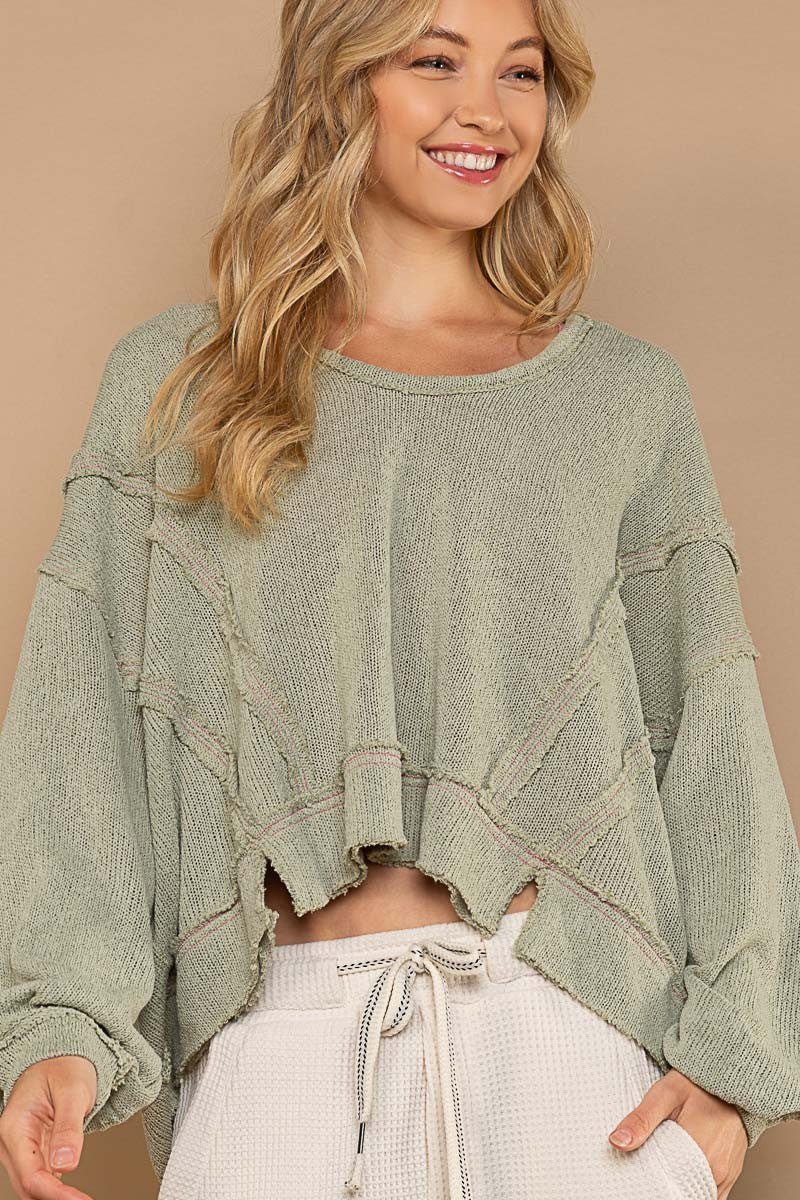 POL Round Neck Balloon Sleeve Hooded Knit Top