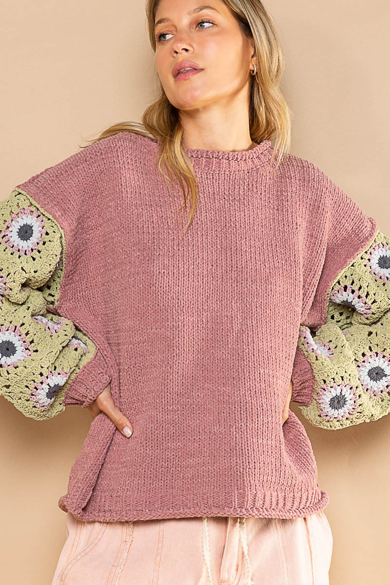 POL Contrast Square Pattern Sleeves Pullover Sweater Top