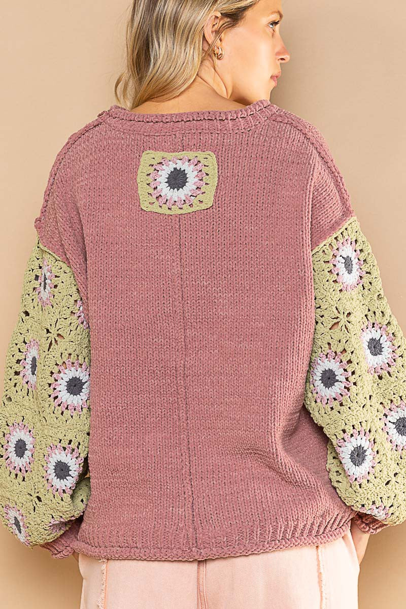 POL Contrast Square Pattern Sleeves Pullover Sweater Top