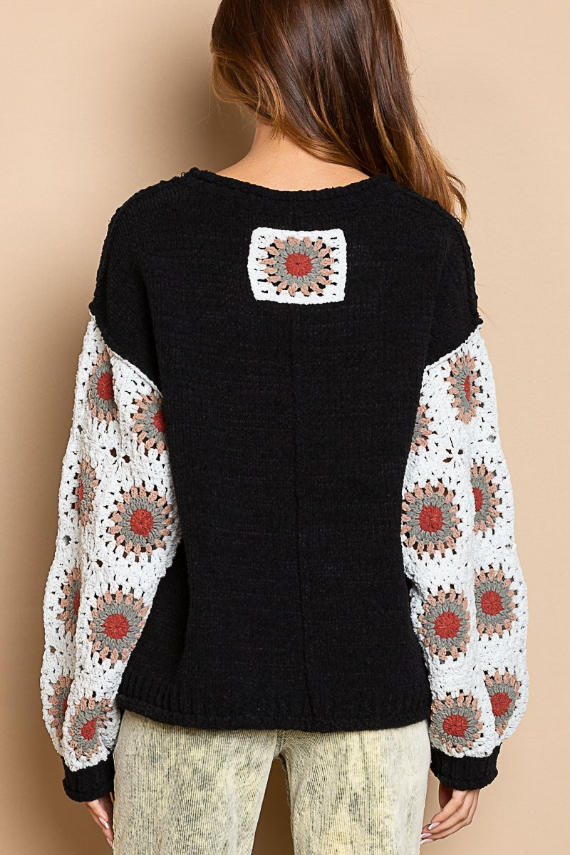 POL Contrast Square Pattern Sleeves Pullover Sweater Top