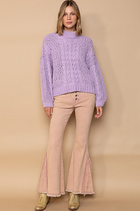 POL Mock Neck Balloon Sleeve Cable Knit Sweater
