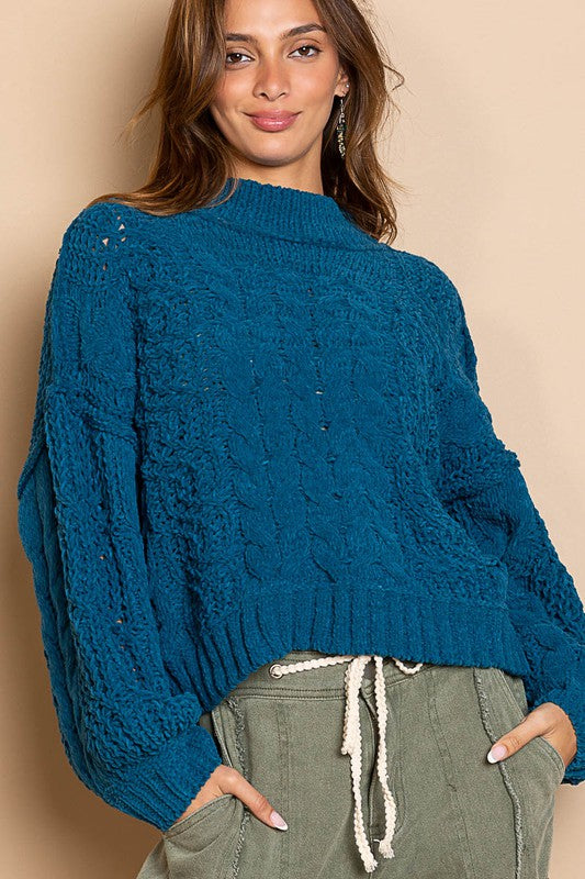 POL Mock Neck Balloon Sleeve Cable Knit Sweater
