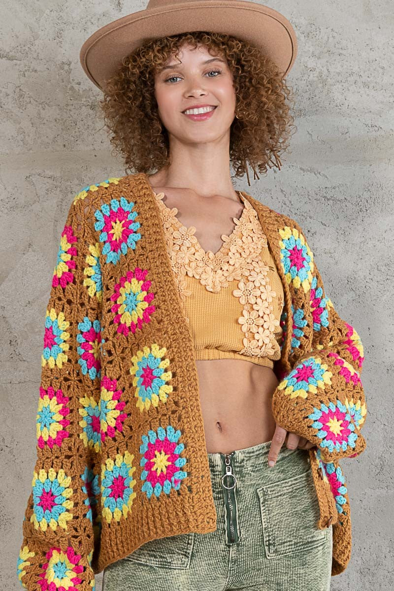 POL Hand Knit Granny Square Patch Cardigan Sweater Top
