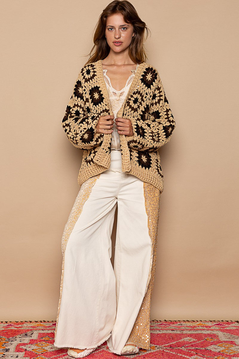 POL Hand Knit Granny Square Patch Cardigan Sweater Top