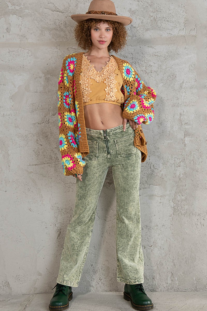 POL Hand Knit Granny Square Patch Cardigan Sweater Top