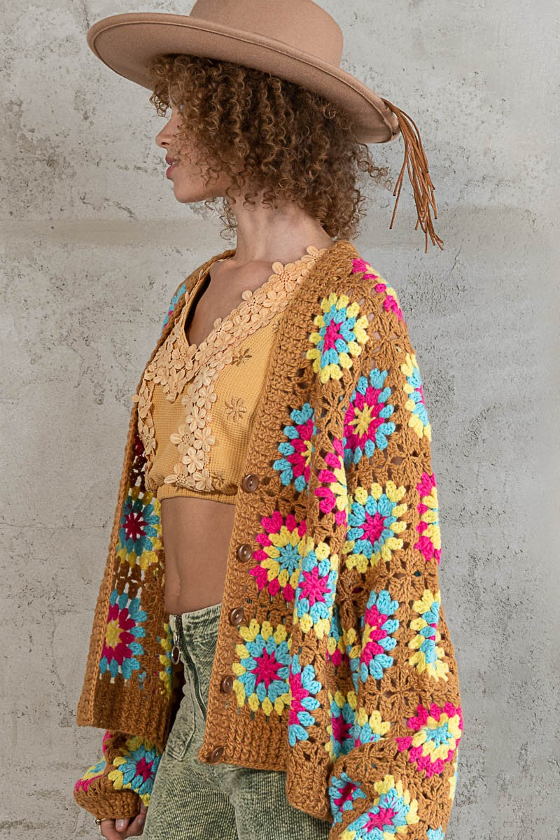 POL Hand Knit Granny Square Patch Cardigan Sweater Top