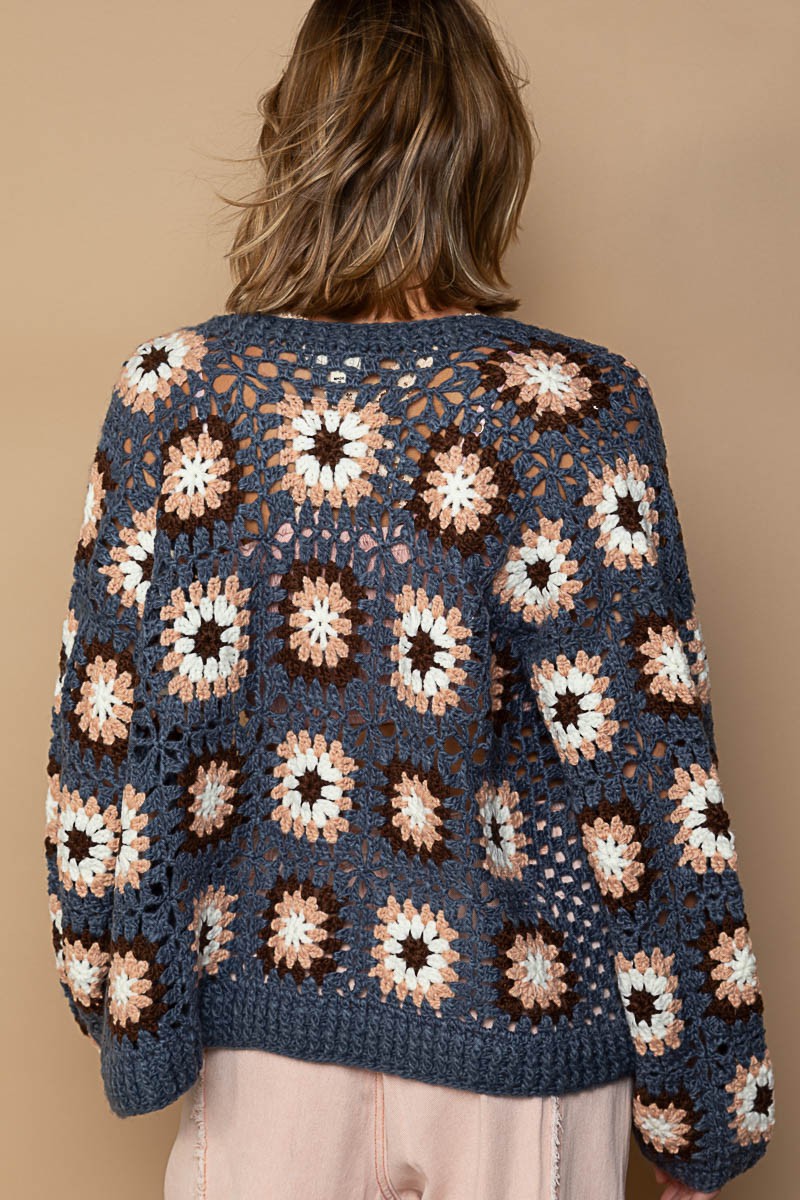 POL Hand Knit Granny Square Patch Cardigan Sweater Top